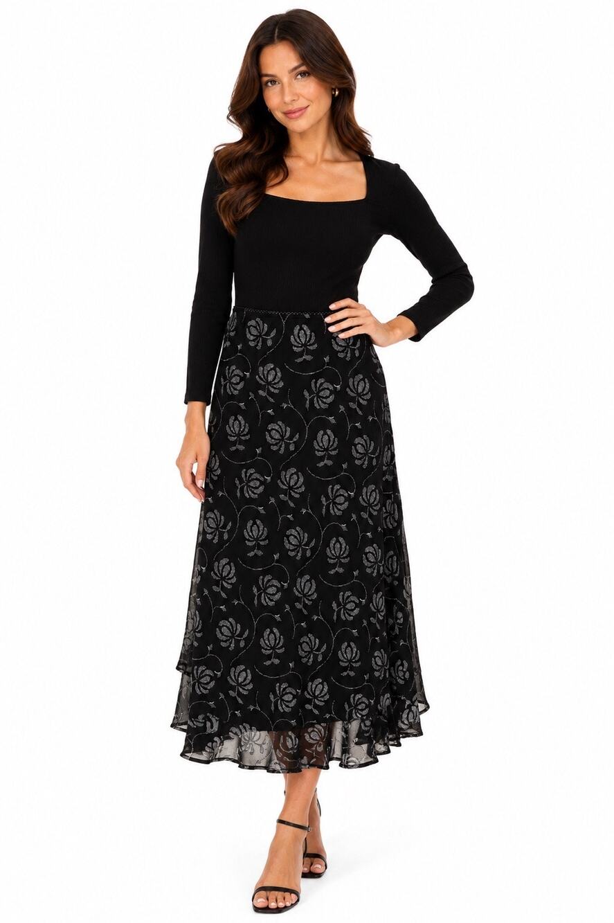 Vintage Y2K Style & Co. Black & White Floral Print Elastic Waist Midi Skirt